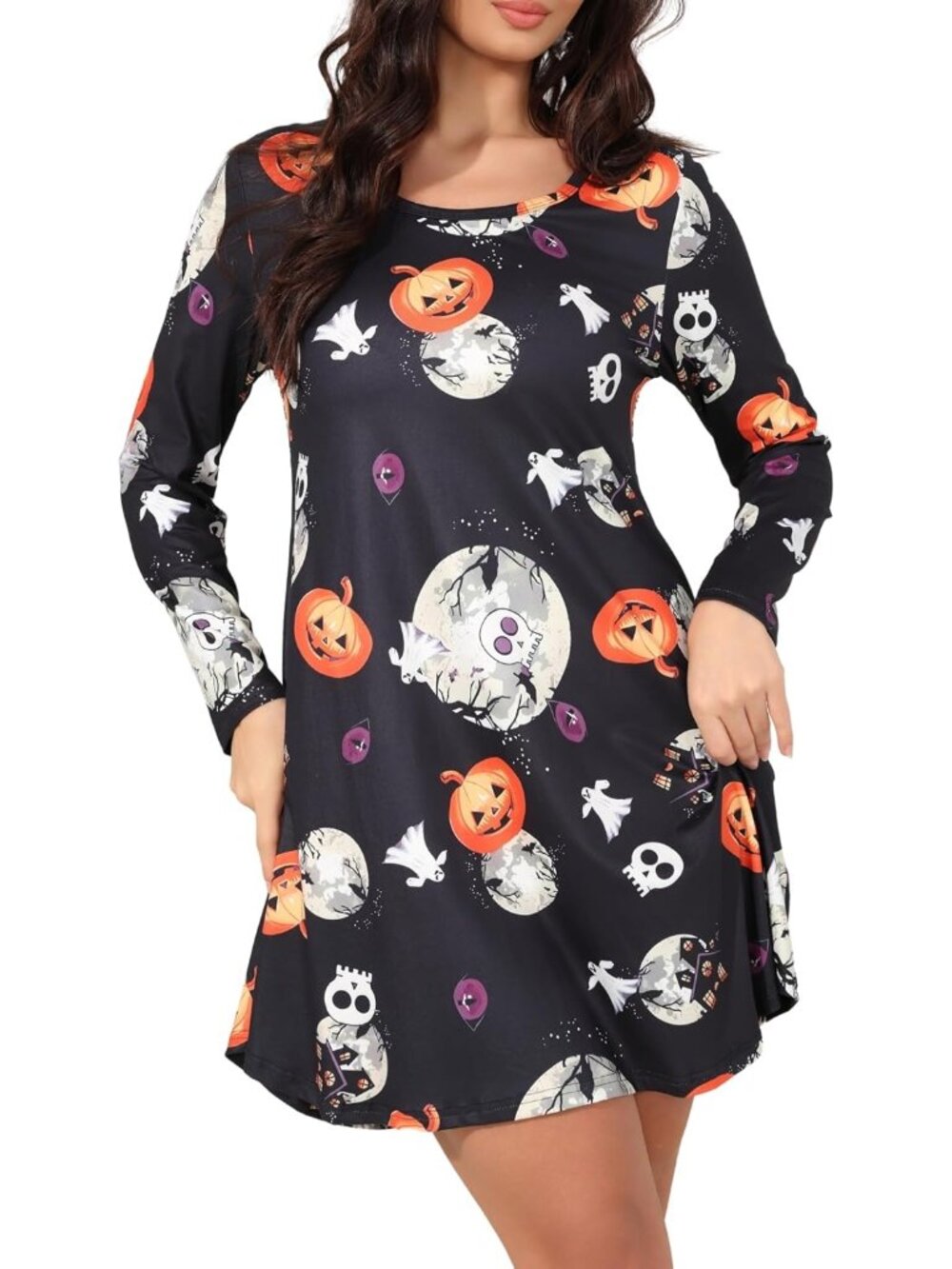 Women's Pumpkins Black Halloween Long Sleeve Print Swing Short Costume Dresses